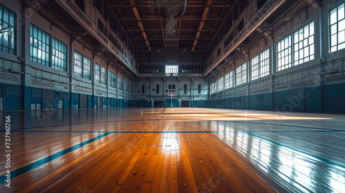 Spacious bright gymnasium with basketball court at school or university. Student involvement in sports activities. photo
