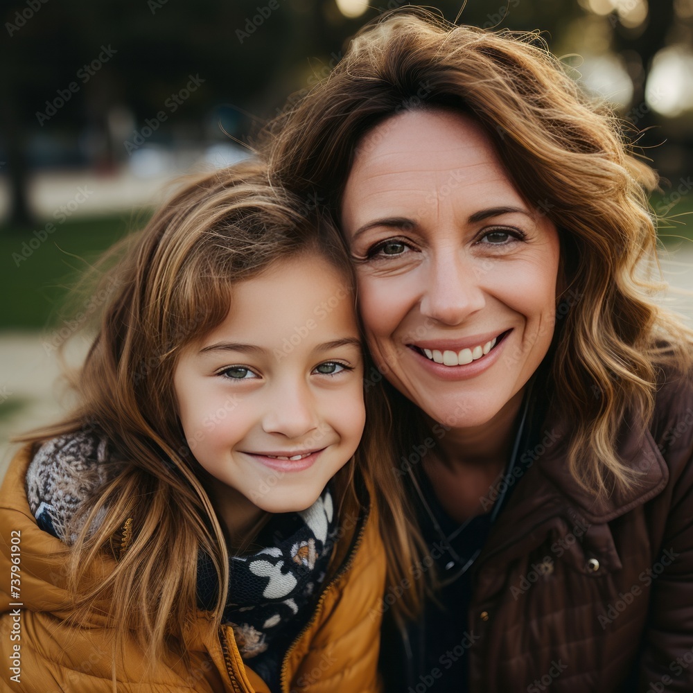 Fototapeta premium happy mother and daughter hugging and smiling at camera