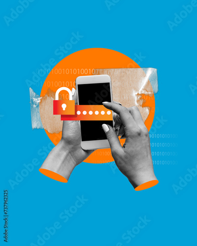Two hands holding smartphone with digital padlock on screen. Mobile security app promotion highlighting touchscreen passcode entry. Concept of cybersecurity, modern technologies, data, business