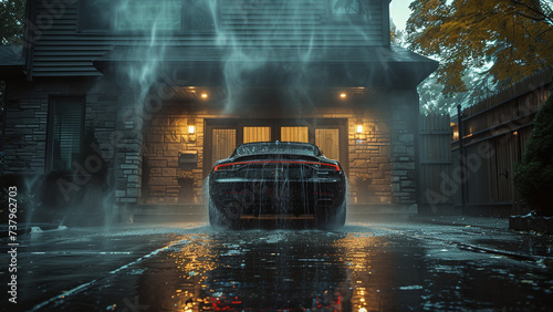 Stormy Evening: Car in Housefront Yard Photography photo