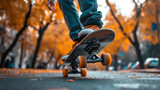 Low angle cropped shot of a male skateboarder riding along a city street on gloomy autumn day. City buildings and pale sky on the background. Urban subculture and sports, active lifestyle.