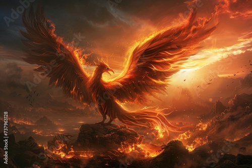 A majestic phoenix rising from the ashes within a post-apocalyptic terrain