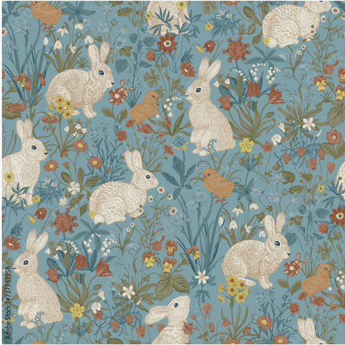 Lawn. Seamless pattern. Vintage vector illustration. White Bunnies are among the flowers. Blue