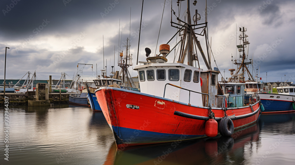 Modern fishing boats under a brooding sky.