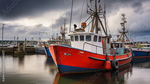 Modern fishing boats under a brooding sky.