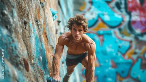 Young Caucasian rock climber on artificial climbing wall. Fearless Caucasian bare-chested muscular athlete is engaged in extreme sports. Active lifestyle.