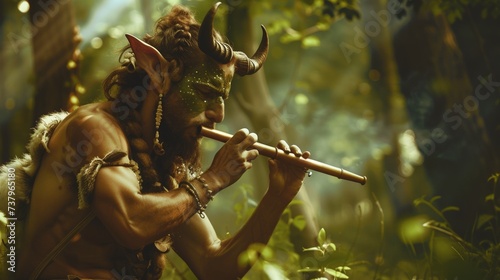 Satyr playing flute in a dreamy forest clearing
