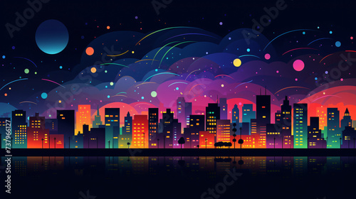 Multicolored night in the city drawing  flat city