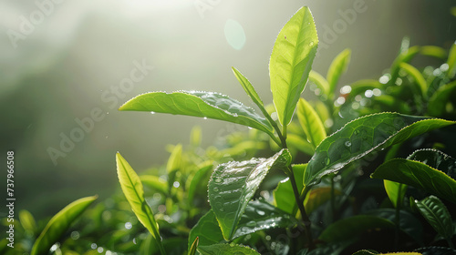 fresh green tea leaves in the morning dew on a tea plantation close up