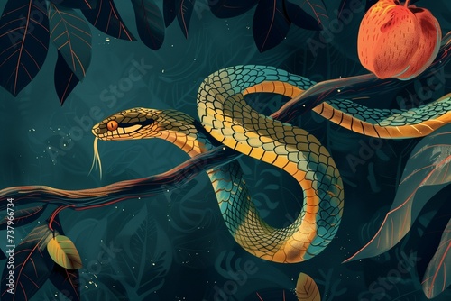 The tempter serpent and the forbidden fruit on a tree branch in the Garden of Eden, a biblical illustration. photo