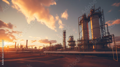Natural gas processing site during sunset.