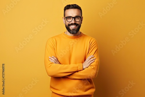 Young handsome man with beard wearing casual sweater and glasses over one color background, happy face smiling with crossed arms looking at the camera. Positive person - generative ai