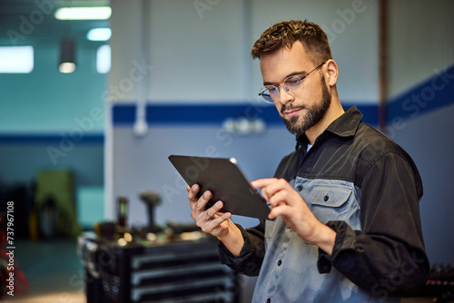 Obraz na płótnie A concentrated auto mechanic, using a digital tablet at his workplace.