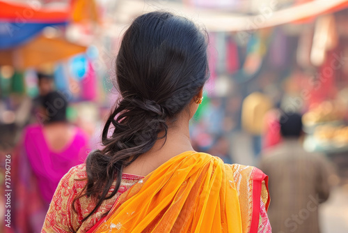 Back view of an Indian woman wearing traditional clothes