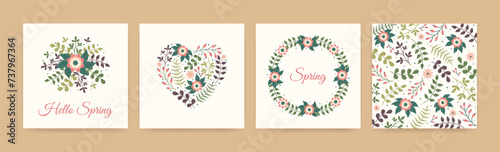 Set of hand drawn Spring floral backgrounds. Simple Botanical elements  plants and leaves in Doodle style for social media posts or greeting cards. Postcard templates with Flowers frame  heart shape