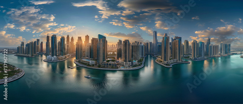 business city, city skyline with lake, panoramic view