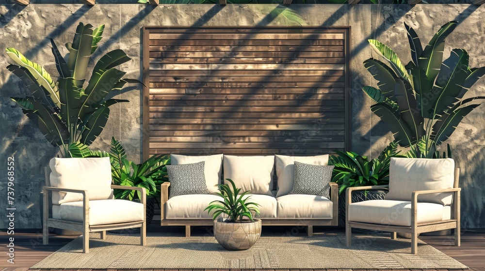 an outdoor living room set of two chairs, two couches, and a small planter with a tropical looking wall