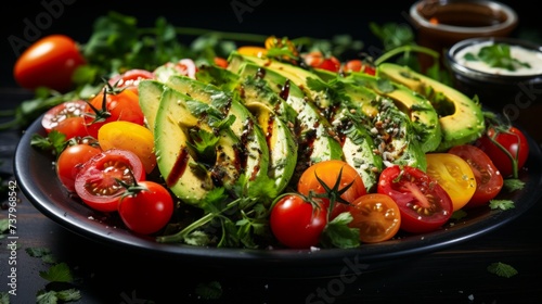Fresh salad with avocado, cherry tomatoes and herbs on a black plate.