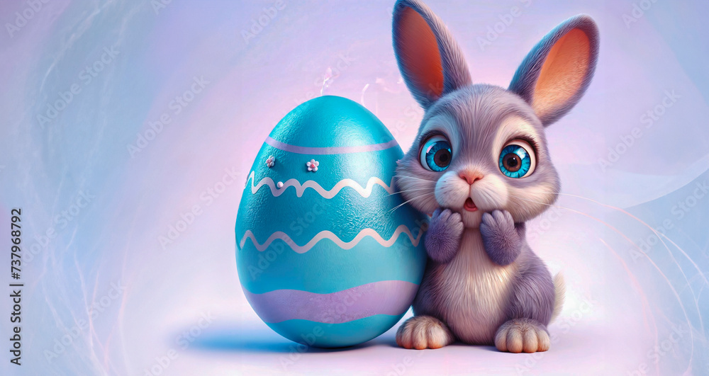 Fototapeta premium Easter bunny with blue painted egg on a blue background. 3d rendering
