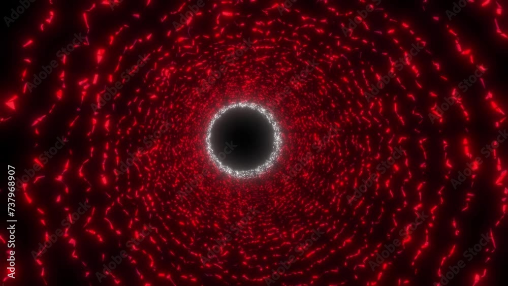 Flying through a red neon tunnel with a white end on a black screen. Stock video of futuristic holiday lights in 4K. Mood of magic, holiday, Christmas, love. Abstract background with tunnel and neon.