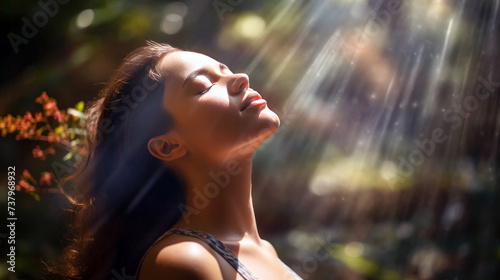 Calm happy free relaxed woman with closed eyes enjoys a beautiful moment life in the nature, basking in sunlight, exuding peace and relaxation through breathwork or meditation © FutureStock