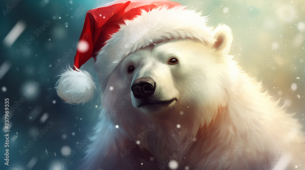 a polar bear wearing a santa hat in the snow