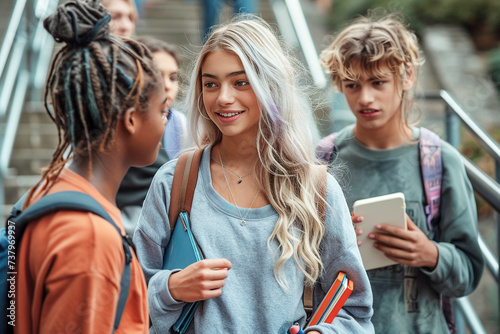High school classmates exiting a staircase.