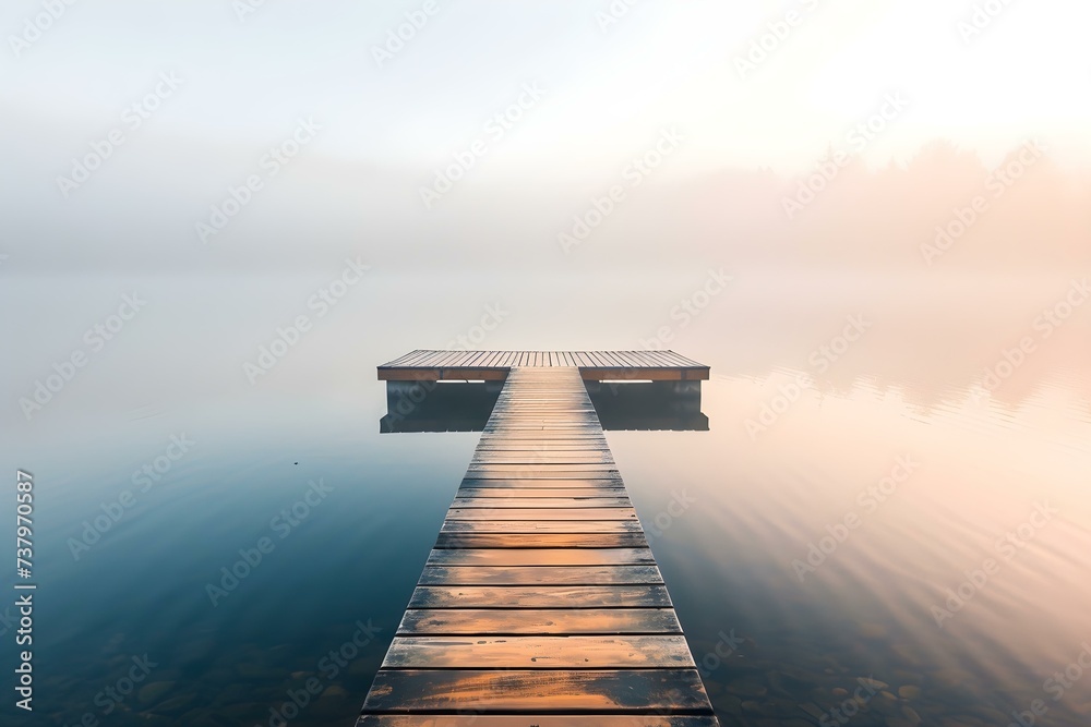 Serene lake dock at sunrise enveloped in mist perfect for relaxation. Concept Misty Morning Oasis, Serene Sunrise Retreat, Tranquil Lake Dock, Relaxation Haven, Enveloped in Mist