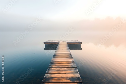 Serene lake dock at sunrise enveloped in mist perfect for relaxation. Concept Misty Morning Oasis  Serene Sunrise Retreat  Tranquil Lake Dock  Relaxation Haven  Enveloped in Mist