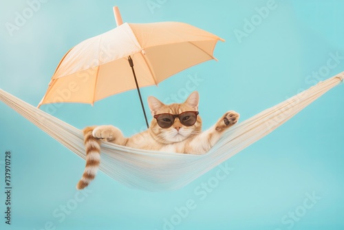 A cat comfortably rests in a hammock lounging under an umbrella.