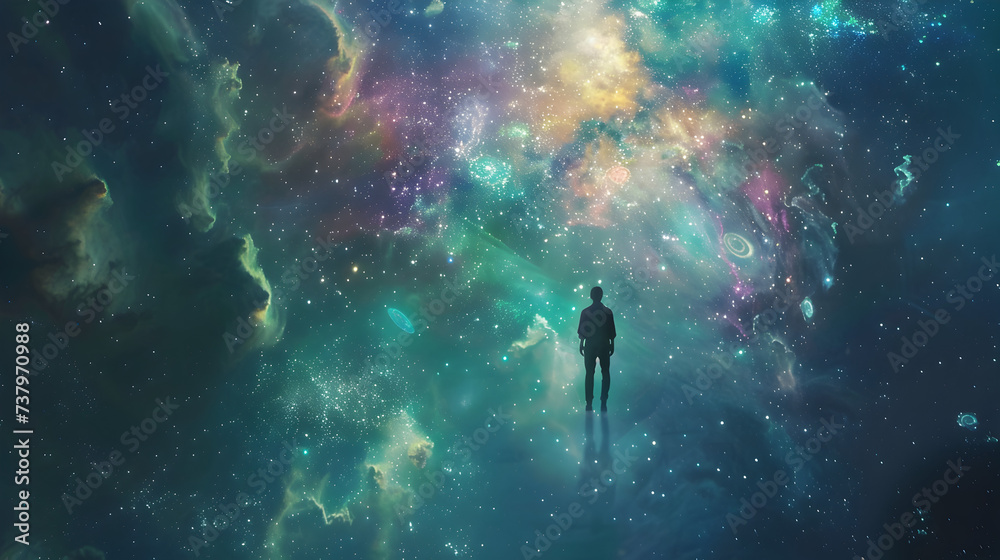 Abstract colorful cosmos background with a person Planets and galaxies sky and stars,,
A man stands in front of a galaxy and the universe is surrounded by stars