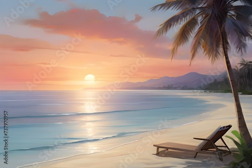   Golden hour beach scene with radiant sunset glow  perfect for tranquil and scenic backgrounds. 