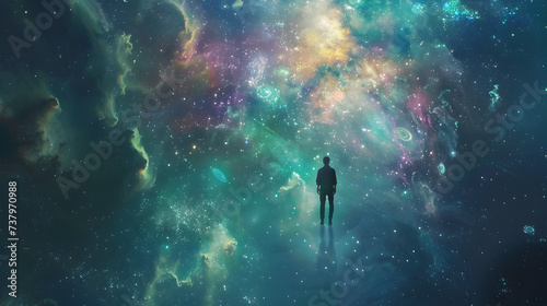 Abstract colorful cosmos background with a person Planets and galaxies sky and stars,, A man stands in front of a galaxy and the universe is surrounded by stars