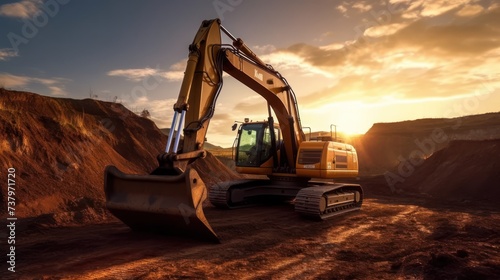 Excavator in open pit mining. Excavator on earthmoving on sunset. Loader on excavation. Earth-Moving Heavy Equipment. photo