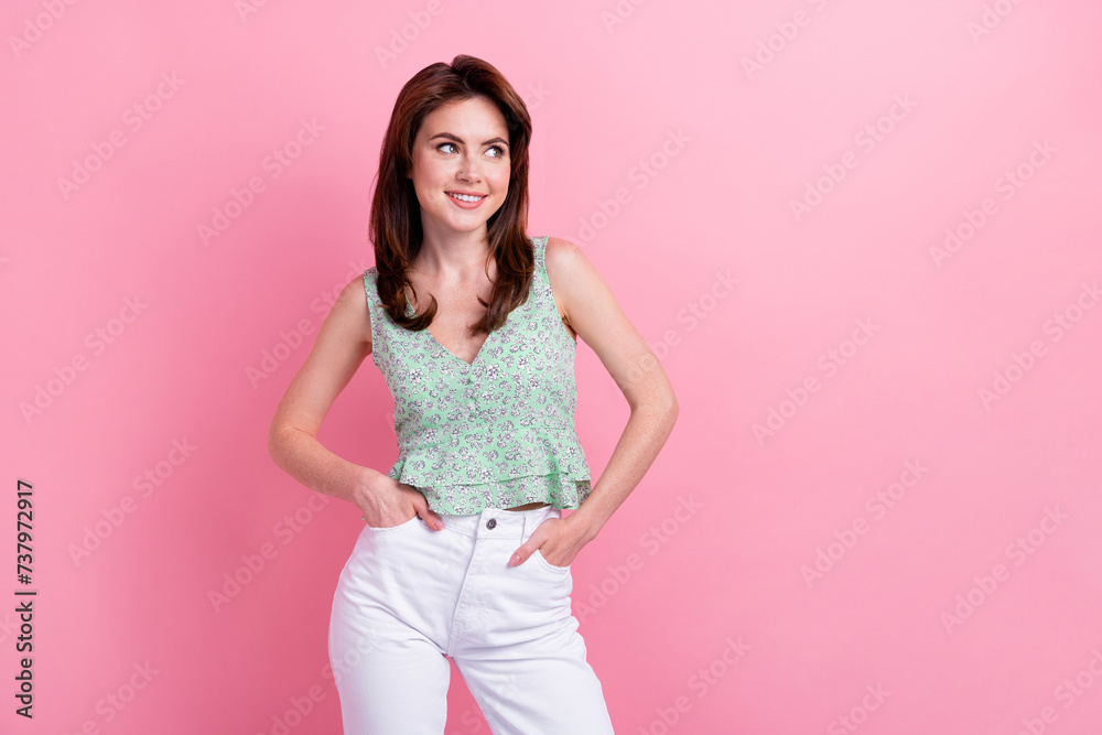 Photo of cheerful gorgeous girl put hands in pockets look up empty space seasonal proposition benefit isolated on pink color background Photo of cheerful gorgeous girl put hands in pockets look up empty space seasonal proposition benefit isolated on pink color background
