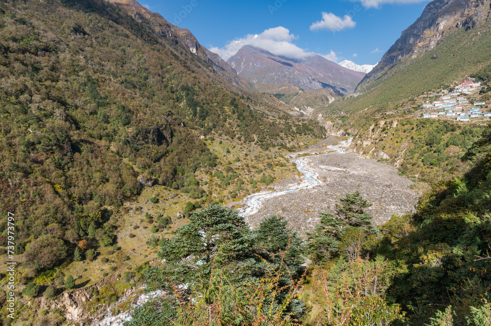 View of Tengkangboche mountain and Bhote Koshi river during trekking from Namche Bazar to Thame in a clear day. Three passes trekking in Nepal. Mountain range Himalayas in the Khumbu region, Asia.