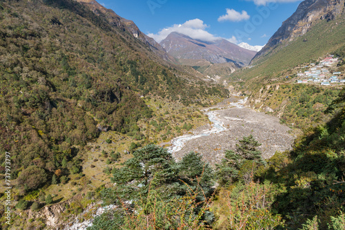 View of Tengkangboche mountain and Bhote Koshi river during trekking from Namche Bazar to Thame in a clear day. Three passes trekking in Nepal. Mountain range Himalayas in the Khumbu region, Asia.