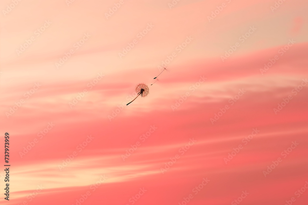 Fototapeta premium Copy Space. A single dandelion silhouette against a gradient of dawn colors offers a tranquil yet optimistic backdrop, ideal inspires positivity and serene.