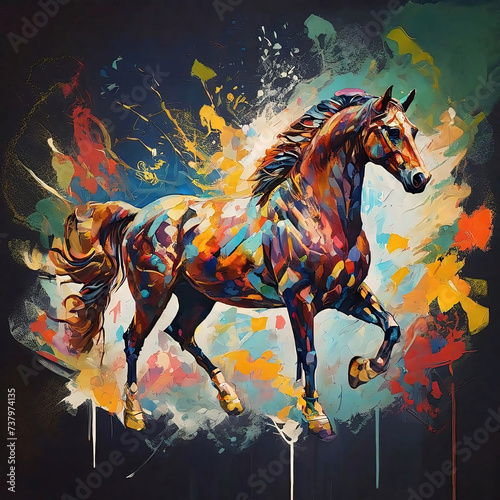 watercolor painting of a runnig horse with paint splashes on colorful black canvas