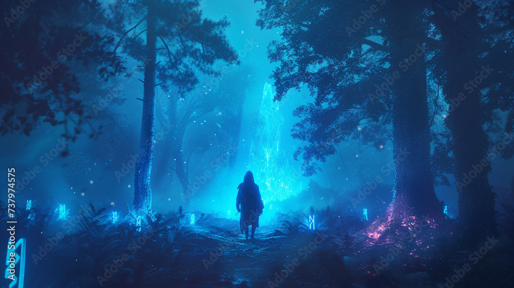 Craft an arresting visual with a neon sfumato portrayal of a Viking warrior amidst an ancient forest Craft an arresting visual with a neon sfumato portrayal of a Viking warrior amidst an ancient forest