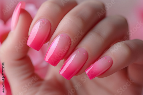 Female hand with ombre pink nail design, Nail Polish. Art Manicure. Modern style pink Nail Design.