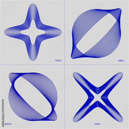 Four blue geometric shapes with a star and spherical harmonics on a grey dotted background. Modern aesthetics, minimalist art. Graphic elements for brand that specializes in 3D visualization software