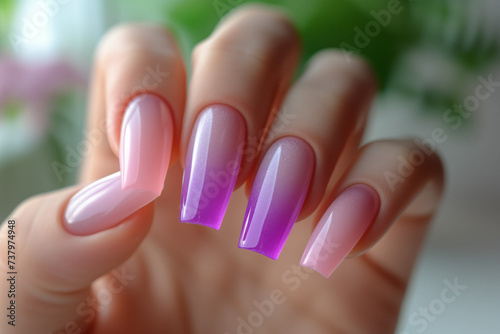 Female hand with ombre pink nail design, Nail Polish. Art Manicure. Modern style pink Nail Design.