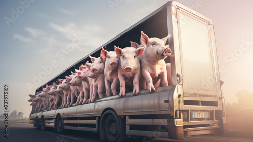 Pigs in truck transport from farm to slaughterhouse.