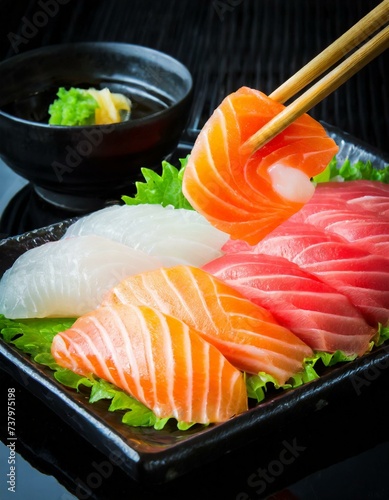 Sashimi presented in a Tasteful Way - Diverse different types of Sliced Fish - Japanese Cuisine - Fresh Seafood