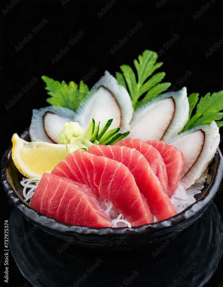 Sashimi presented in a Tasteful Way - Diverse different types of Sliced Fish - Japanese Cuisine - Fresh Seafood Sashimi presented in a Tasteful Way - Diverse different types of Sliced Fish - Japanese Cuisine - Fresh Seafood