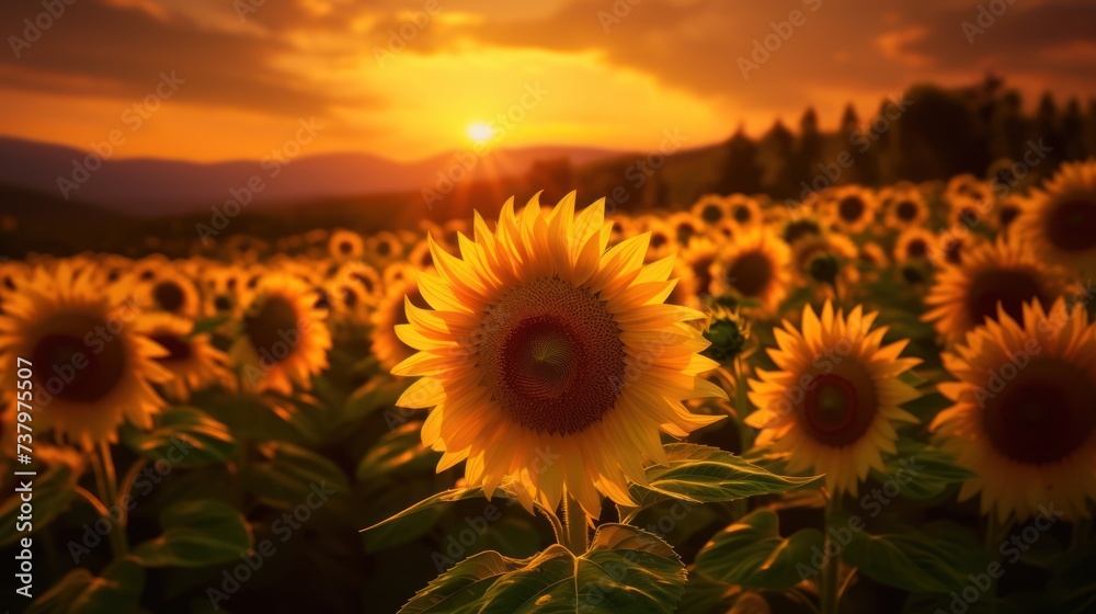 landscape view of sunset in a sunflower field