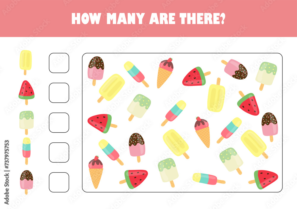 Preschool education worksheet vector illustration. Count how many ice creams are there logic game for kids. Preschool education worksheet vector illustration. Count how many ice creams are there logic game for kids.