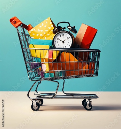 A design about shopping cart shopping bags and clock.