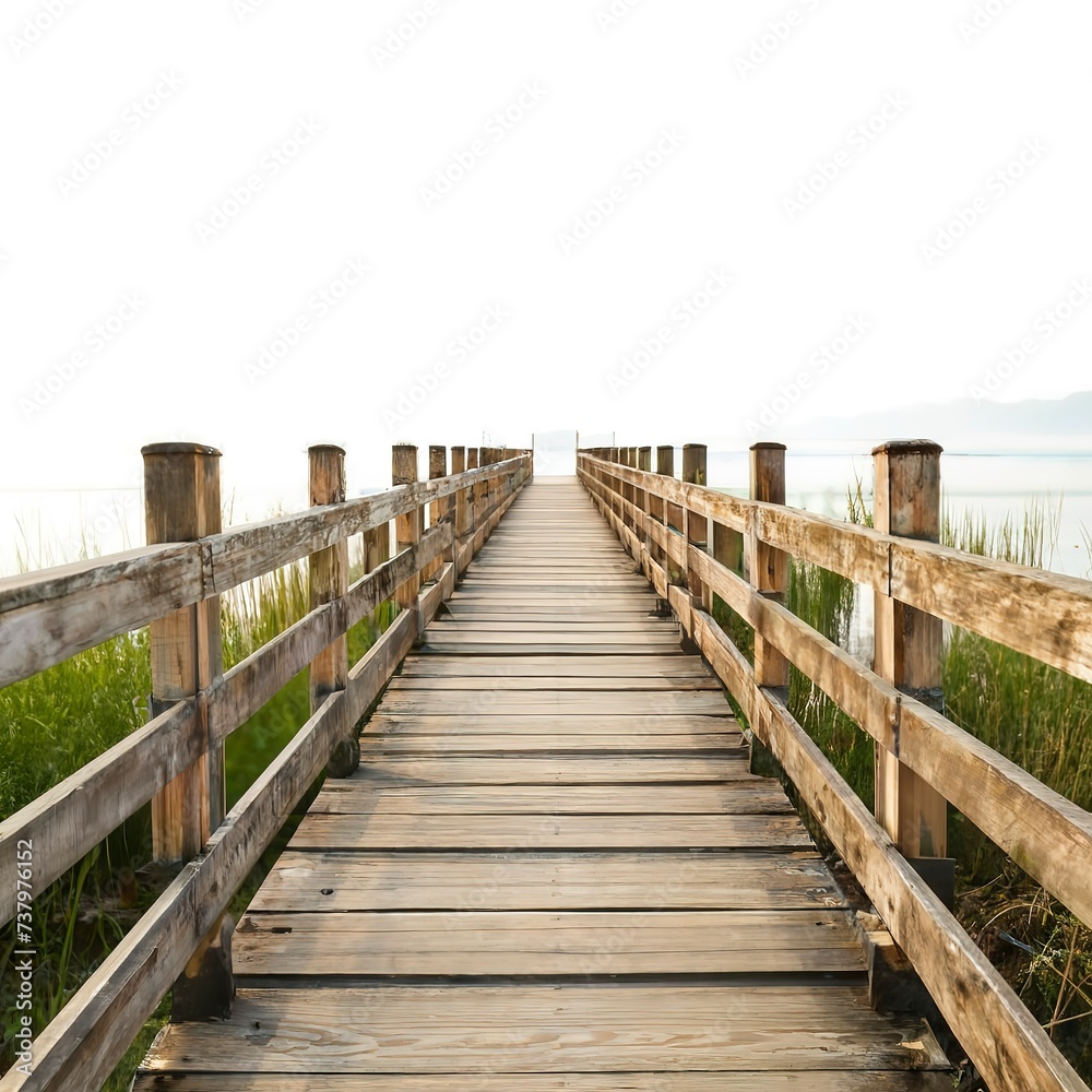 Old wooden bridge on white background isolated on white background.